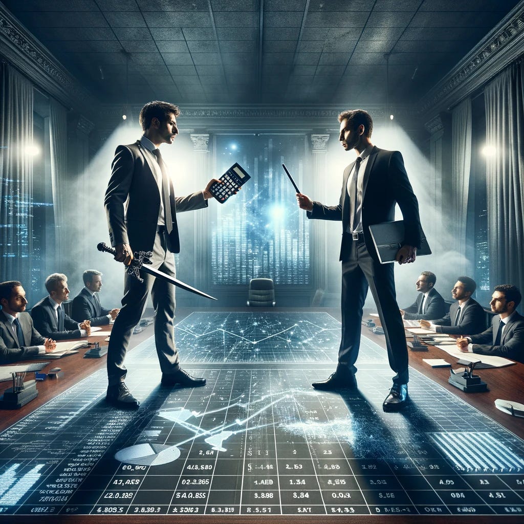 Visualize an intense standoff between two accountants, modern day, set in a grand, corporate boardroom. The scene is charged with tension, akin to a battle, yet their weapons are their sharp minds and modern accounting tools. One accountant stands firmly, holding a sleek, high-tech calculator, while the other points dramatically with a stylus at an open, digital tablet displaying complex financial charts. Both are dressed in professional business attire, with tailored suits, crisp white shirts, and ties that signify their allegiance to different corporate factions. The boardroom is filled with the glow of multiple screens and digital data projections, highlighting their faces with a flickering light, as they stand on a giant, detailed financial spreadsheet that covers the floor, symbolizing their battlefield. The air is thick with the stakes of corporate finance, mergers, and acquisitions, making it clear that this is not just any confrontation, but a duel of financial titans.