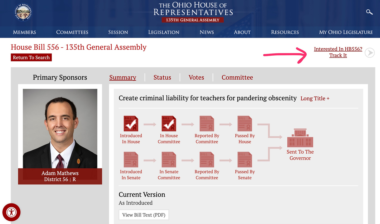 image of house bill 556 on the ohio house of representatives website. there is a pink arrow pointing to where you can follow the bill's progress.