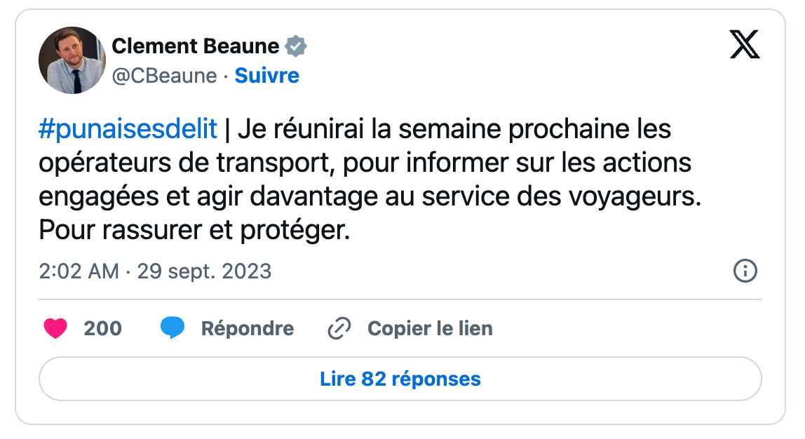 Tweet de Clement Beaune annoncant une reunion pour parler des punaises de lit