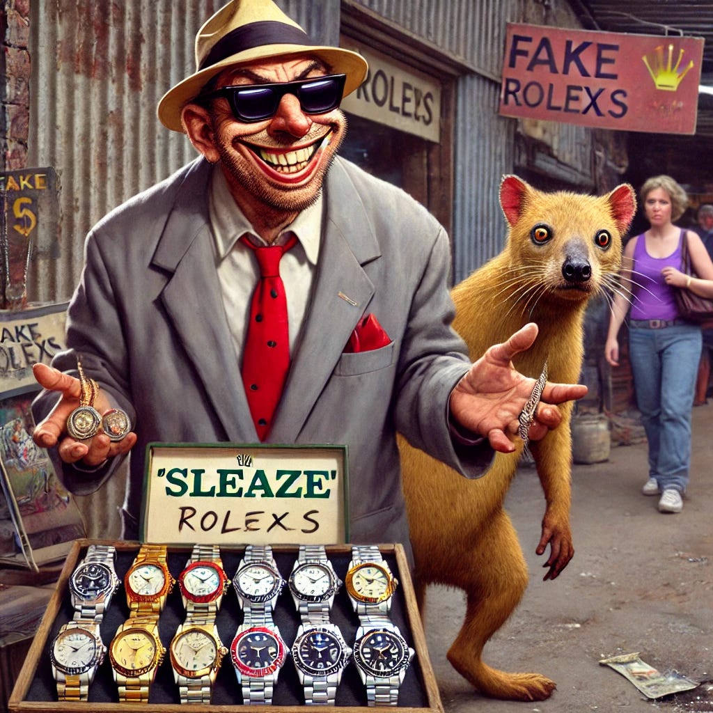 A humorous caricature of a 'Sleaze,' a shady character in a cheap suit and sunglasses, standing in a rundown marketplace trying to sell fake Rolexes. The Sleaze has a smarmy grin, holding out watches to passersby, while a Tasmanian Tiger (Thylacine) looks confused in the background. The Sleaze is using the tiger as part of his sales pitch, as if it's a rare item to be exploited. The atmosphere is funny and exaggerated, with the Sleaze's sleazy behavior contrasting with the endangered and rare animal beside him.