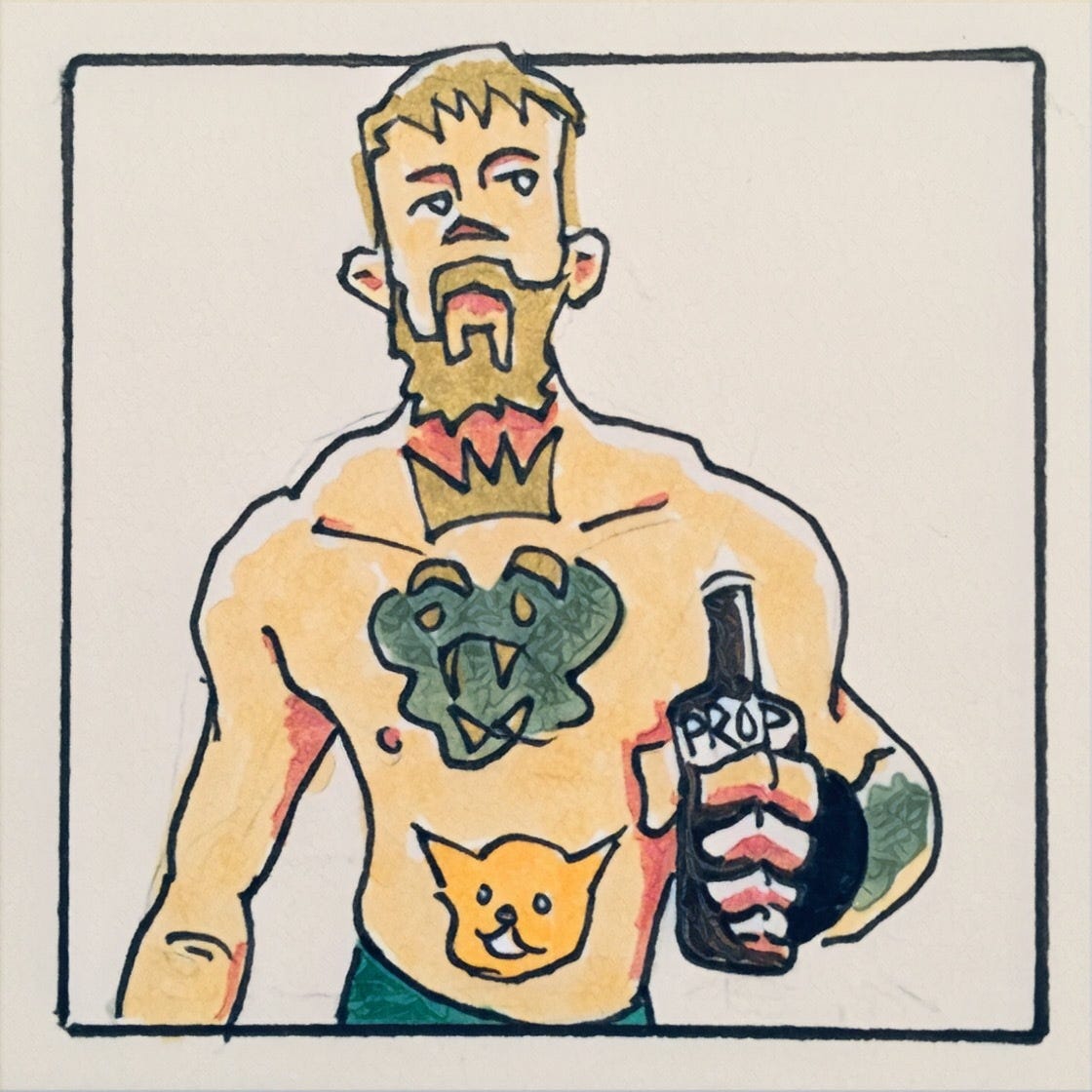 An illustration of UFC star Conor McGregor holding a bottle of Proper 12 Whiskey.