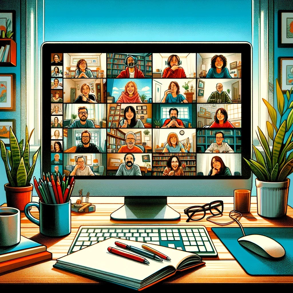 A digital illustration depicting a computer screen during a video call with numerous people participating. The screen is divided into multiple smaller windows, each displaying a person in a different location. Some participants are in home offices, surrounded by bookshelves or house plants, while others are in more informal settings, like living rooms or kitchens. Each participant has a unique expression, ranging from focused and attentive to cheerful and engaged in conversation. The overall atmosphere of the call is one of collaboration and connection, highlighting the diverse backgrounds and environments of the participants. The computer screen is framed by a desk, showing the edge of a keyboard and a cup of coffee, adding to the sense of a real-life scenario. Drawn with: attention to detail in the representation of each participant's environment and expression, using vibrant colors to make the screen's content stand out, and digital techniques to create a sense of depth and realism in the scene.