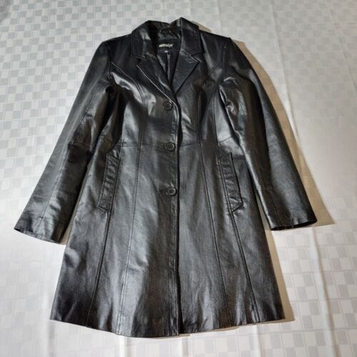 Vintage Metrostyle Black Leather Coat Jacket Women's 6T Lightweight Long - Picture 1 of 13
