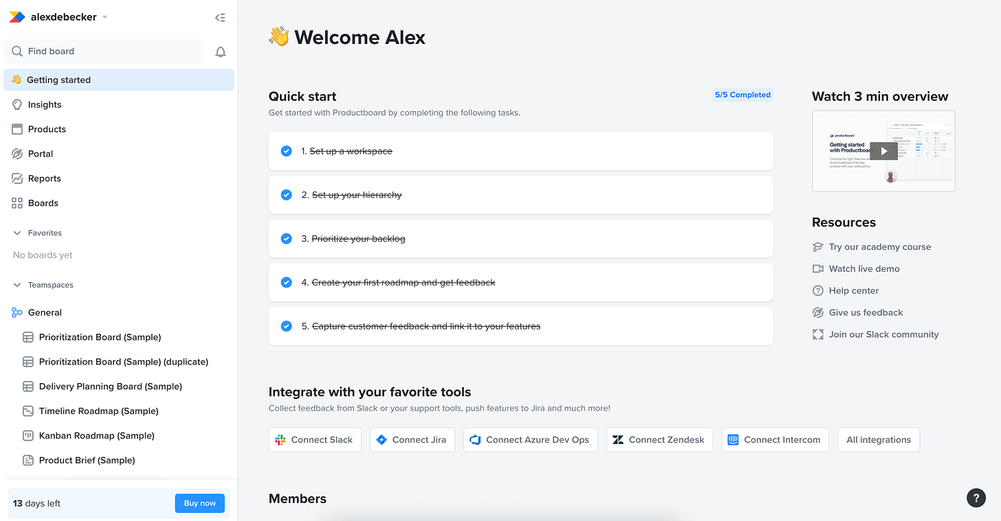 productboard welcome page