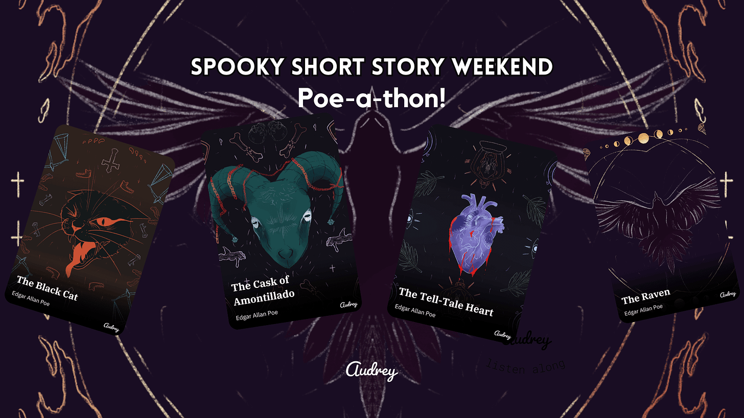 image of a spooky raven with 4 book covers and the text 'Spooky Short story weekend: Poe-a-thon!'