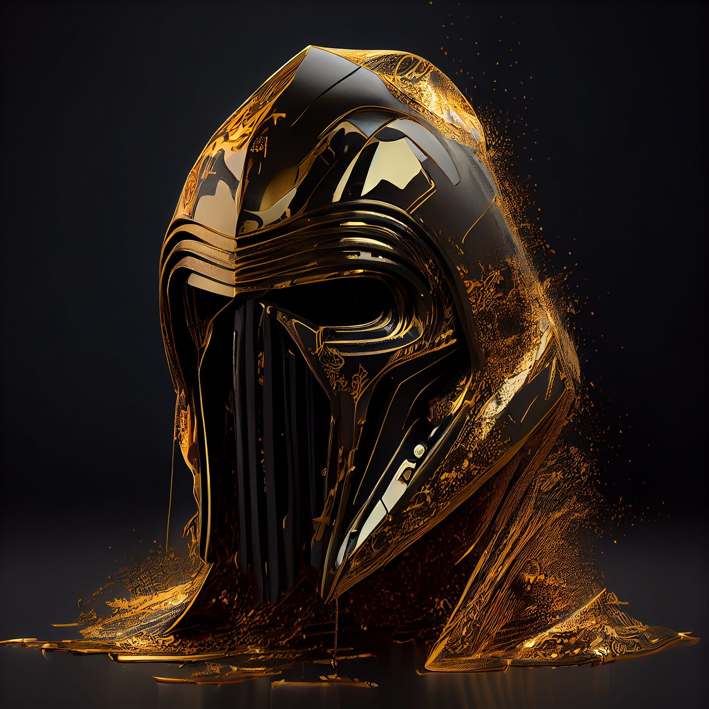 Kylo Ren helmet made of solid gold, dripping with melting gold, intricate, elegant, photorealistic, studio lighting, dark background, 8k