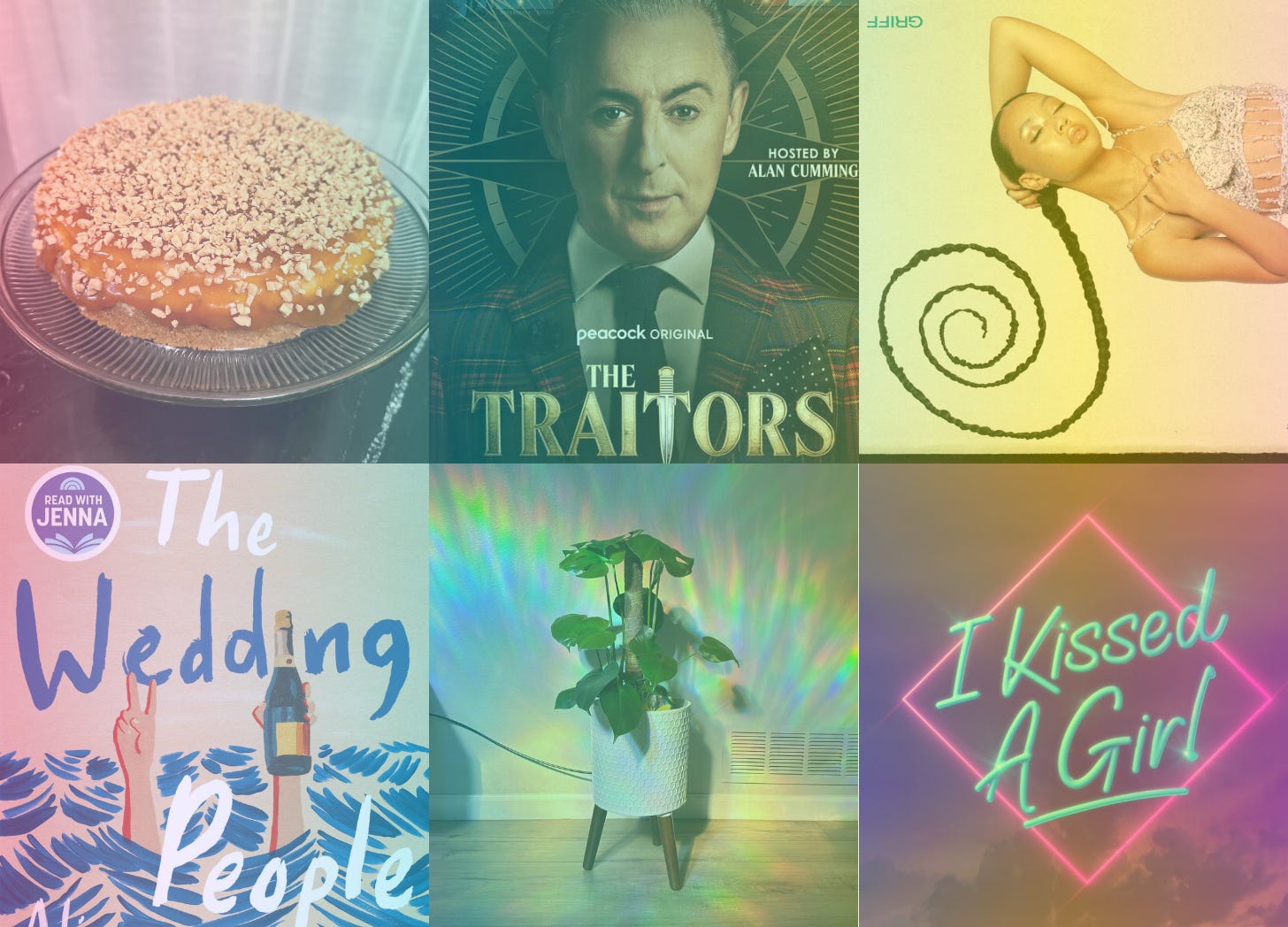 Collage of six images: a Heath-topped cheesecake, a poster of Alan Cumming for The Traitors, the album cover for Griff's Vertigo, the book cover for The Wedding People, a potted plant with rainbow light reflections, and neon text for the TV show I Kissed A Girl