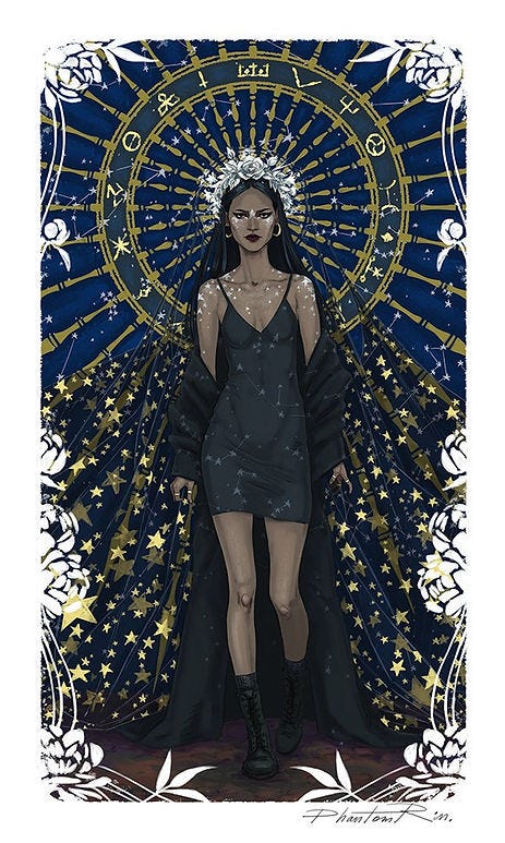 A dark-skinned young woman wears a small black dress, wears a crown of white flowers and is surrounded by stars.