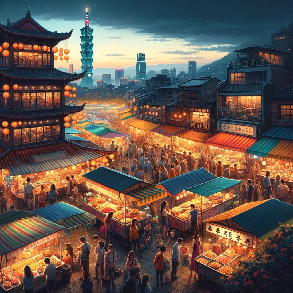 A digital painting of a traditional Taiwanese night market bustling with activity. The scene is vibrant and colorful, with stalls lined up offering a variety of street food, illuminated by the warm glow of lanterns hanging above. The crowd is diverse, with people of all ages and backgrounds mingling and enjoying the lively atmosphere. In the background, the iconic Taipei 101 building towers over the scene, its outline subtly lit up against the dusky evening sky, creating a contrast between the traditional market life and modern architecture.