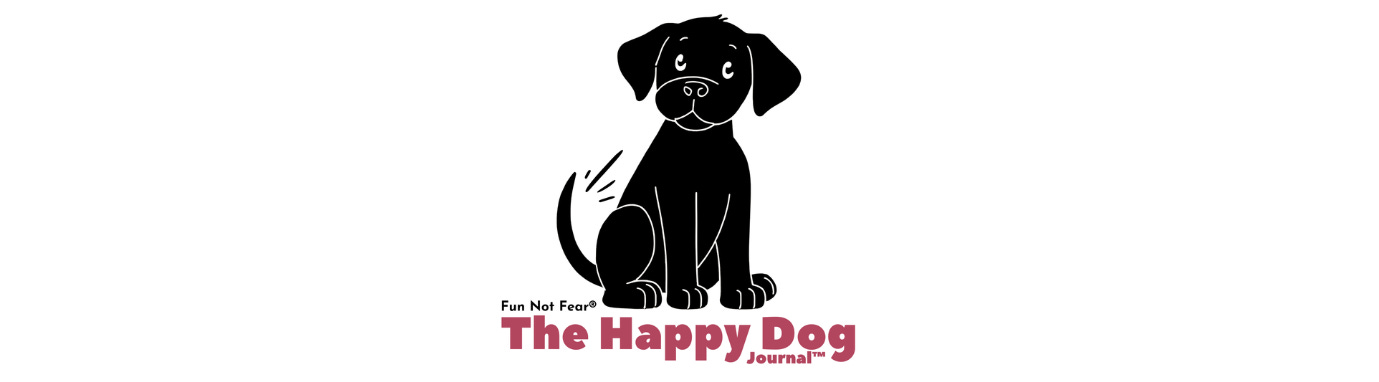 The Happy Dog Journal Logo, consisting of a black labrador puppy on black and pink lettering.