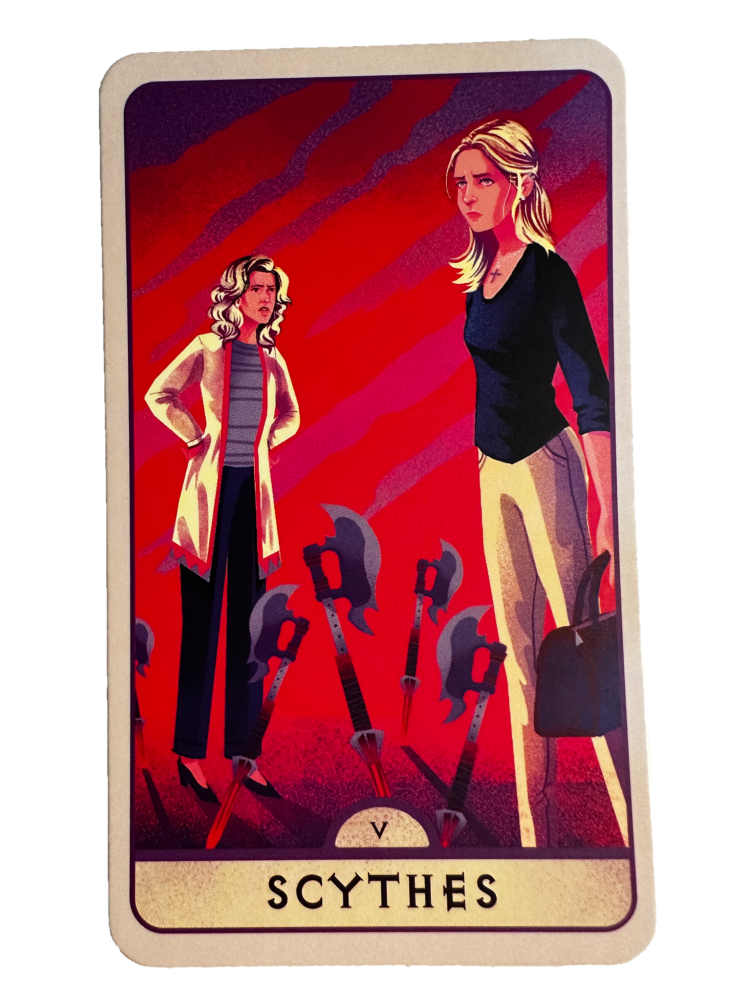 The 5 of Scythes (which stand for Swords in the Buffy deck) depicting Buffy leaving home at the end of Becoming Part 2.