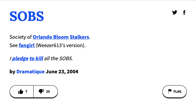 Screenshot from Urban Dictionary: SOBS - Society of Orlando Bloom Stalkers.