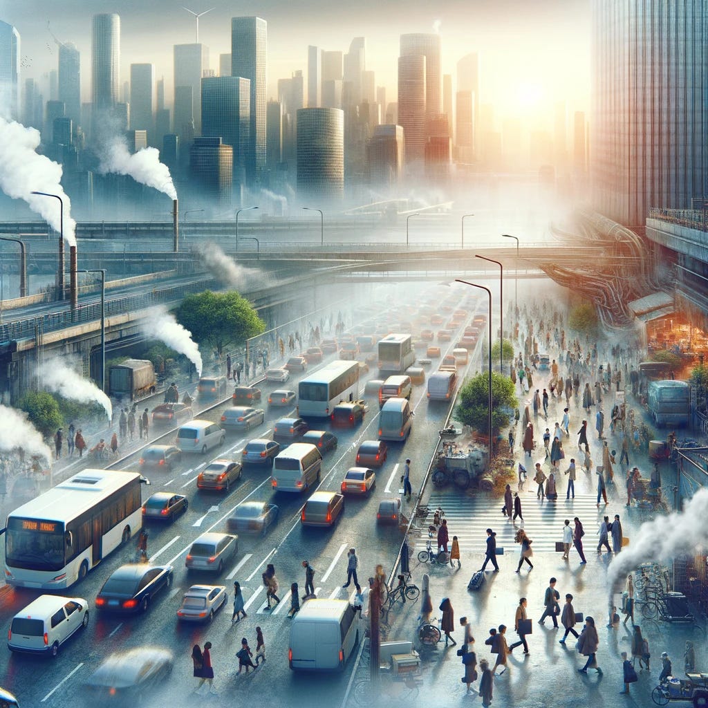 A bustling urban landscape depicting the present day with pollution, heavy traffic, and disconnected communities. The scene shows overcrowded streets, smog-filled air, and individuals focused on their own routines, highlighting the challenges of urban life without significant integration of technology or environmental sustainability efforts.