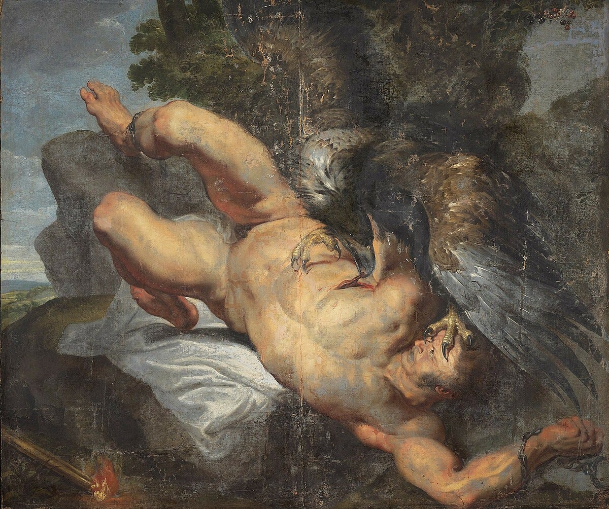 An eagle perched on a naked man chained to a rock, eating his entrails