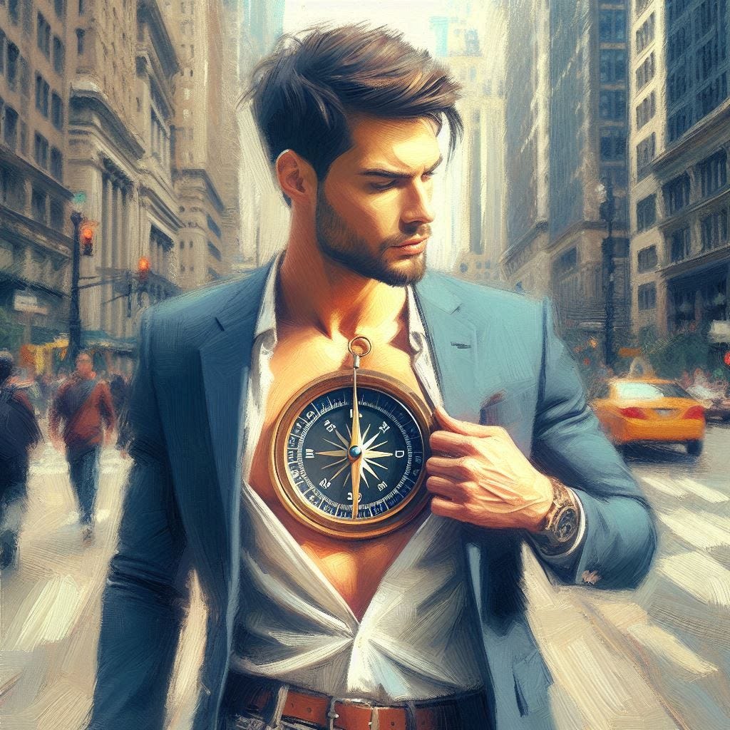 A handsome man stands on a busy city sidewalk. With one hand, he is adjusting the directional setting on the large compass that is embedded in his chest. Impressionist-style.