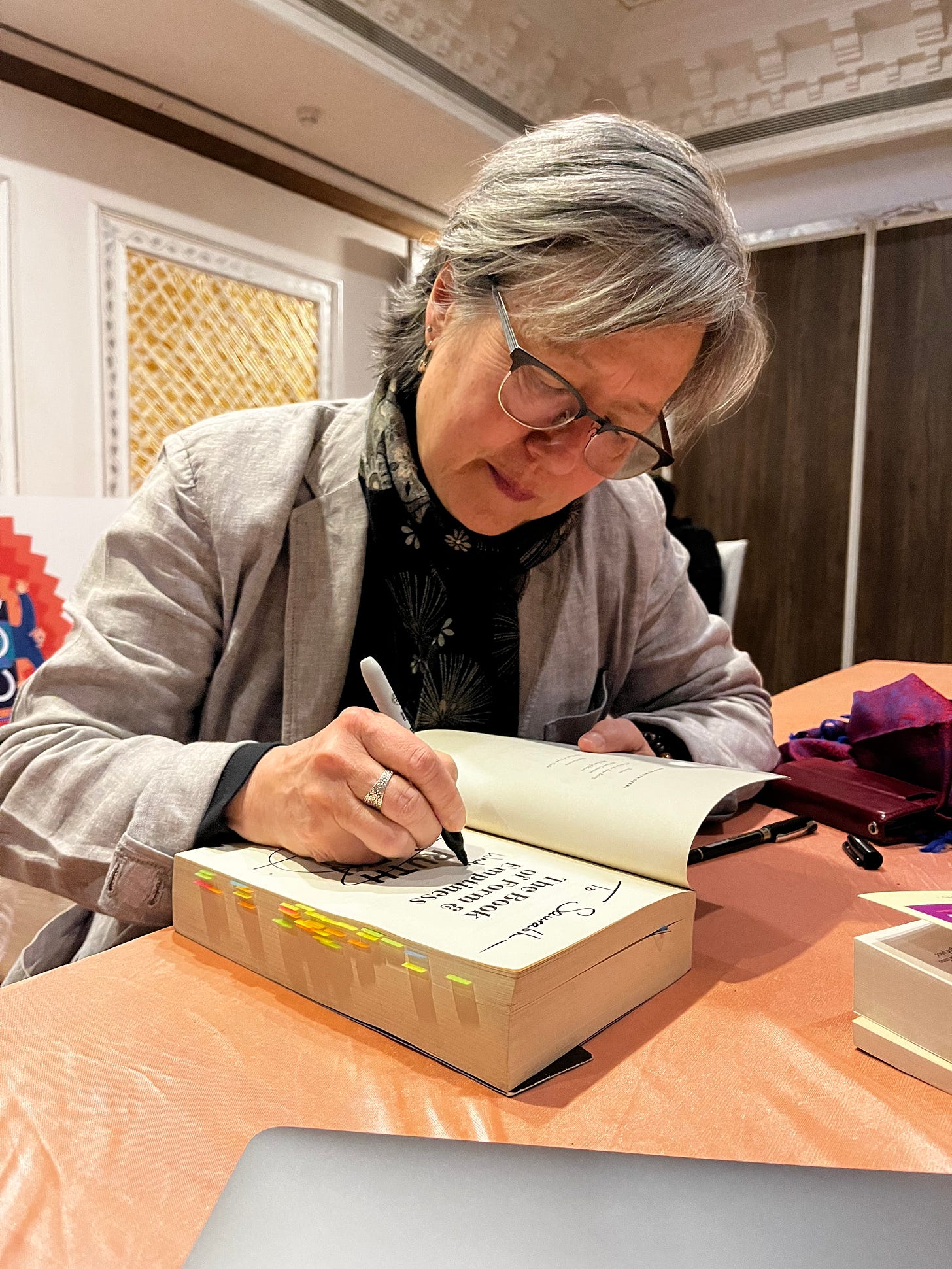 Ruth Ozeki signing my copy of ‘The Book of Form and Forgetting’ at the Hotel Clarks Amer, Jaipur at the Jaipur Literature Festival, 2023.