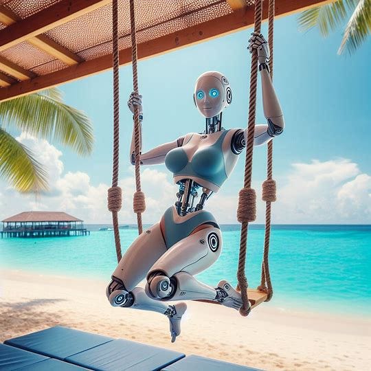 an AI girlfriend swingin on a trapeze by a beach at a Club Med resort