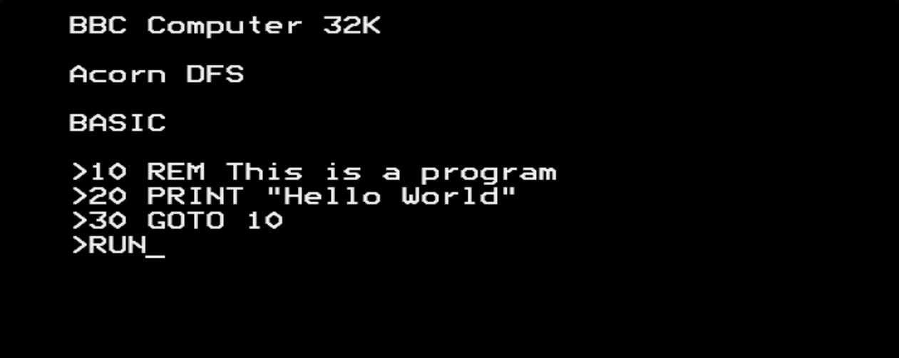 Screenshot from a BBC Micro computer emulator showing a simple program.