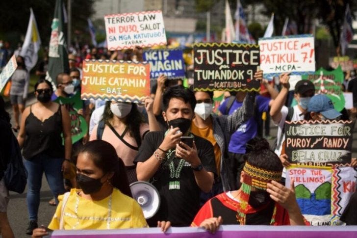 Chad Booc (center) joins one of the protest actions against Anti-Terror Law in 2020. (Photo by Carlo Manalansan/Bulatlat)