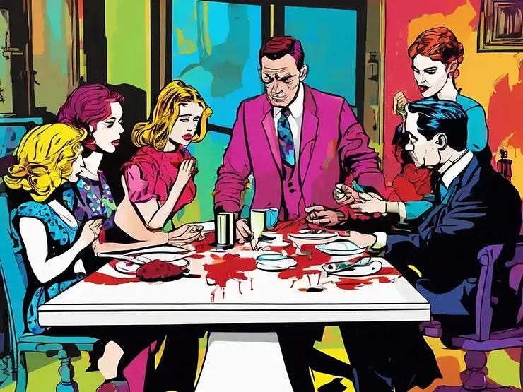 An AI generated pop art image of 4 women and 2 men at a dining room table covered in cutlery and blood. An AI generated pop art image of 4 women and 2 men at a dining room table covered in cutlery and blood.