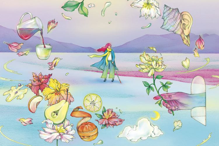 A conceptual illustration in pastel tones showing themes of traveling as a person with visual impairment A conceptual illustration in pastel tones showing themes of traveling as a person with visual impairment