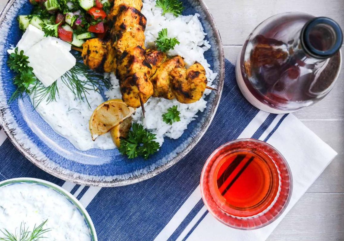 spiced chicken kebabs paired with Grenache rosé