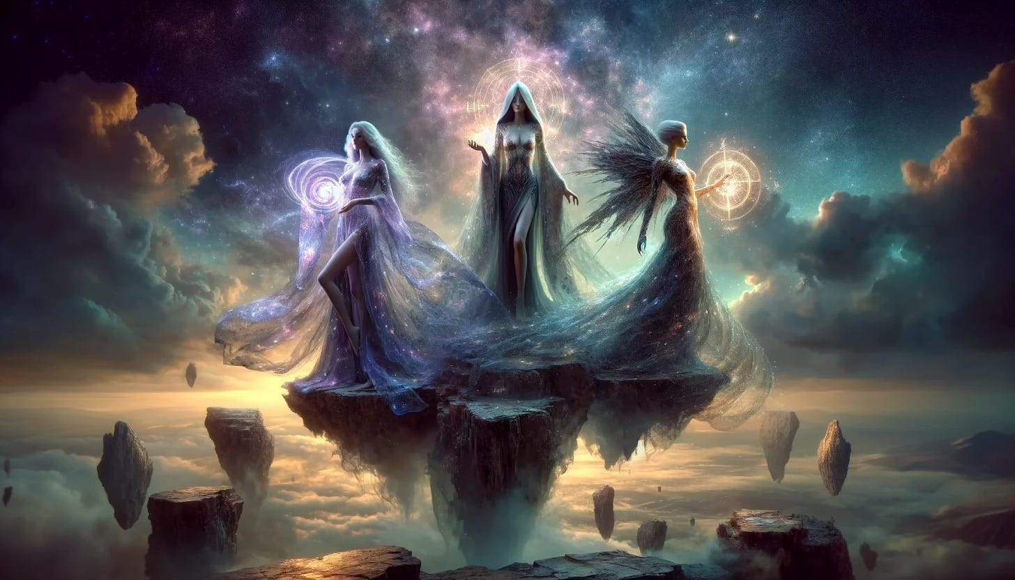 Imagine a mystical and atmospheric scene set in an ancient, ethereal landscape. Three elegant figures, each embodying a powerful concept—Origin, Purpose, and Destiny—pose dramatically on their respective perches. Origin is draped in flowing robes adorned with cosmic patterns, gazing into a swirling nebula held in her hands. Purpose stands tall and focused, with sharp, angular armor that glimmers with an inner light, holding a compass that points towards an unseen goal. Destiny, the most enigmatic of the three, is cloaked in a shimmering, transparent veil that reflects the stars, with one hand extended towards the horizon, where the lines of fate converge. The backdrop is a surreal blend of floating rocks, ancient ruins, and a sky filled with constellations that tell an untold story of time. The atmosphere is filled with a sense of mystery and timeless wisdom, inviting the viewer to ponder their own journey in the grand tapestry of existence.