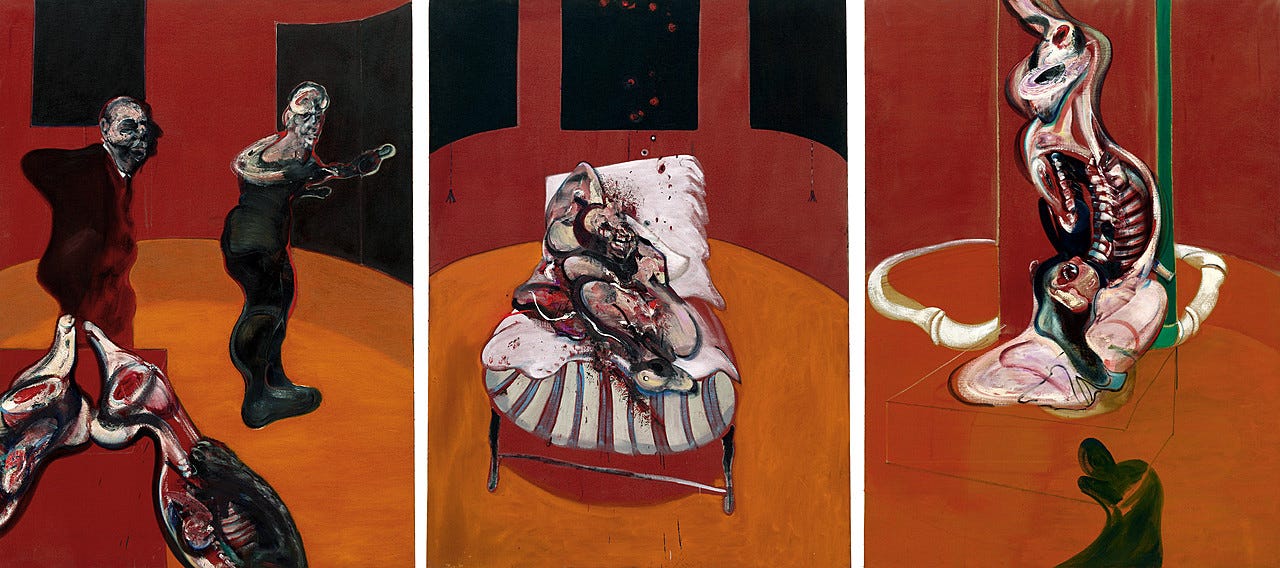 Francis Bacon, Three Studies for a Crucifixion, March 1962. Oil with sand on canvas, three panels, 78 x 57 inches (198.1 x 144.8 cm) each