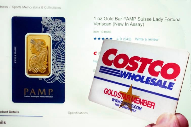 A Costco web page shows a Swiss gold bar for sale.