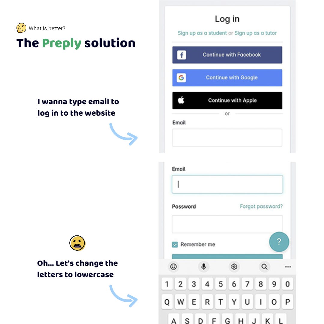 The Preply app. I want to log in to the site. I use a cell-phone and push in the input field. I see the keyboard. Damn, why I see upper-case letters? It will be necessary to switch