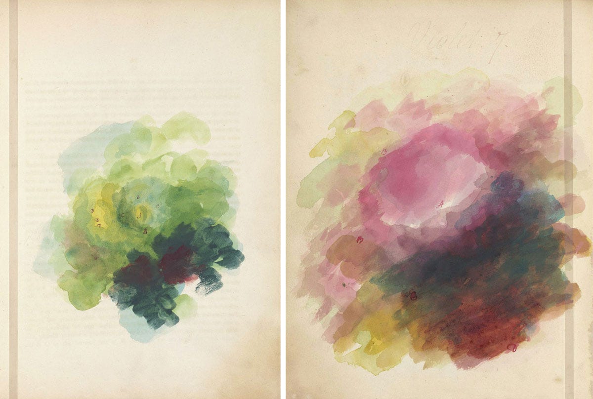 Two pages from an old book showing splotches of watercolour arranged in circular shapes