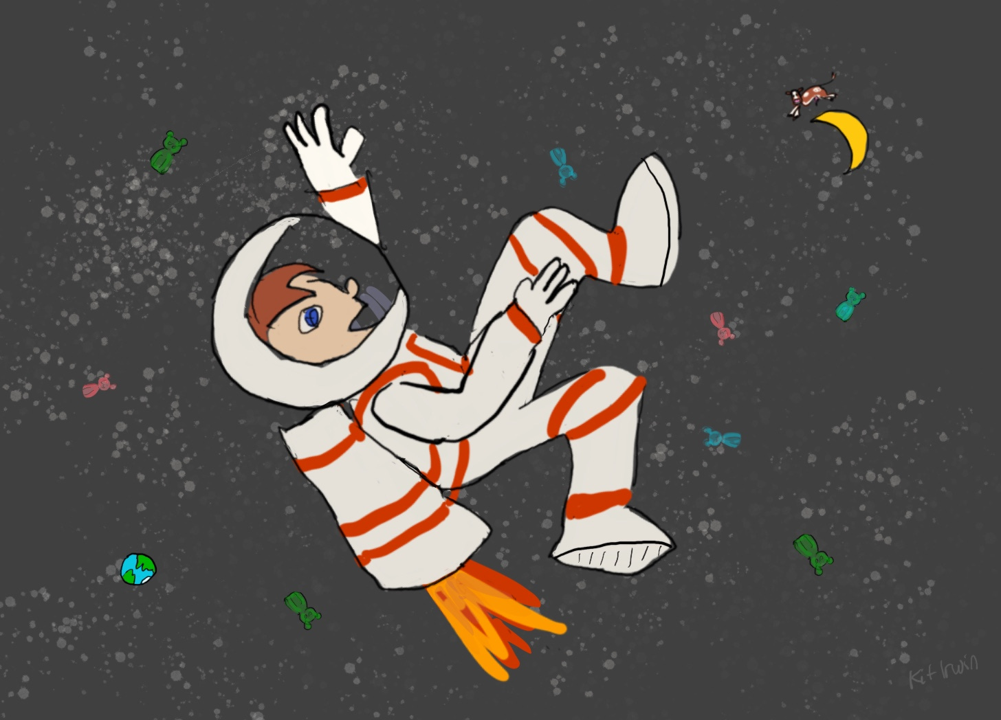 An astronaut floating in space with a jet pack on his back. The earth is small. A cow is jumping over a sliver of a moon. The sky is black and filled with stars and some floating gummy bears.