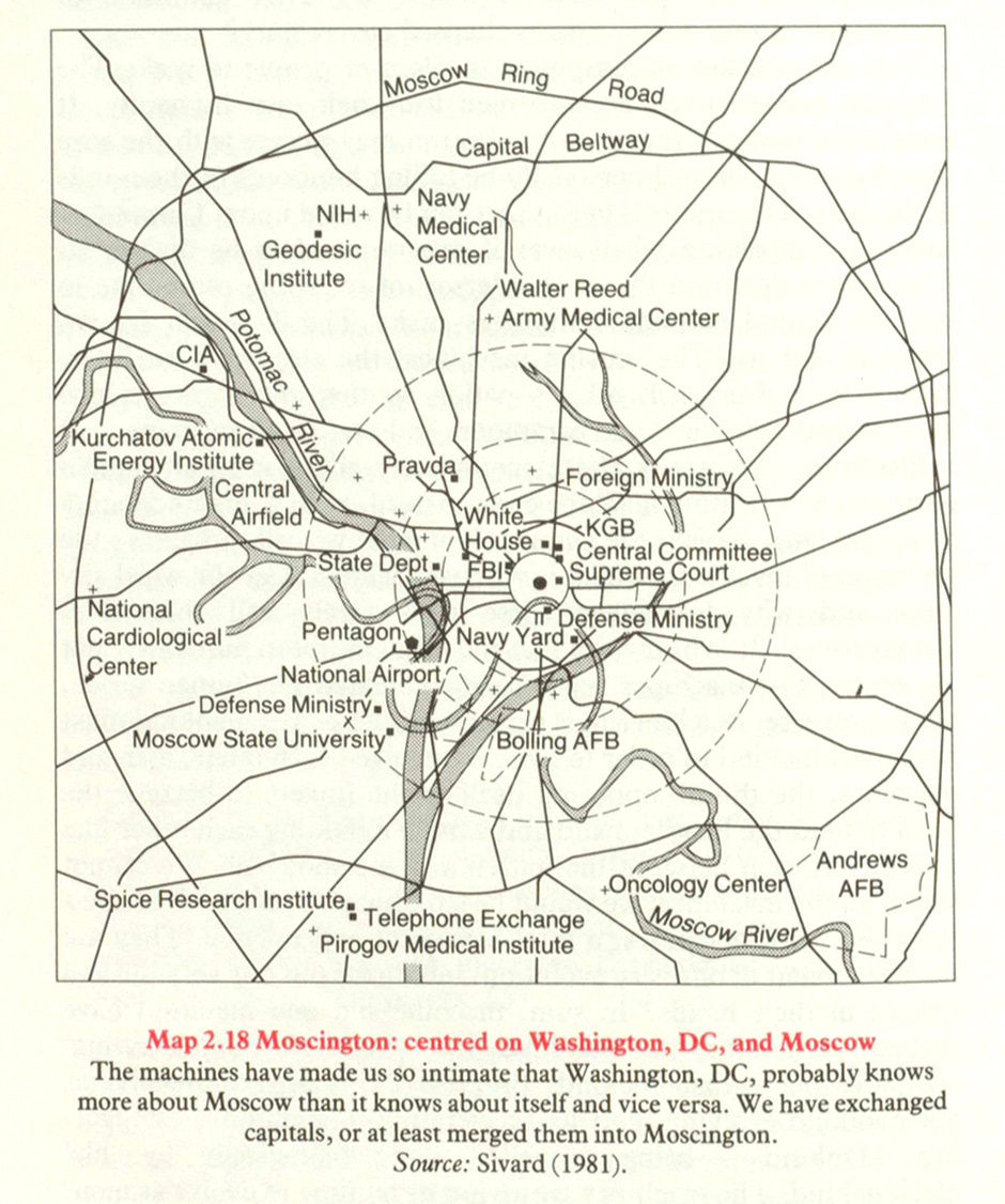 A city map which merges the features, both geographic and political, of Washington, DC, and Moscow.