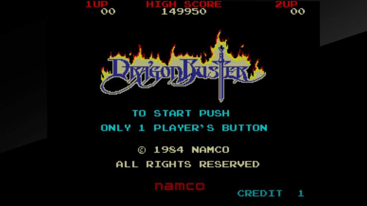 The title screen for Dragon Buster, showing the game's logo (the name of it with flames coming off of the letters and a sword for the T), along with Namco's logo and high score information.