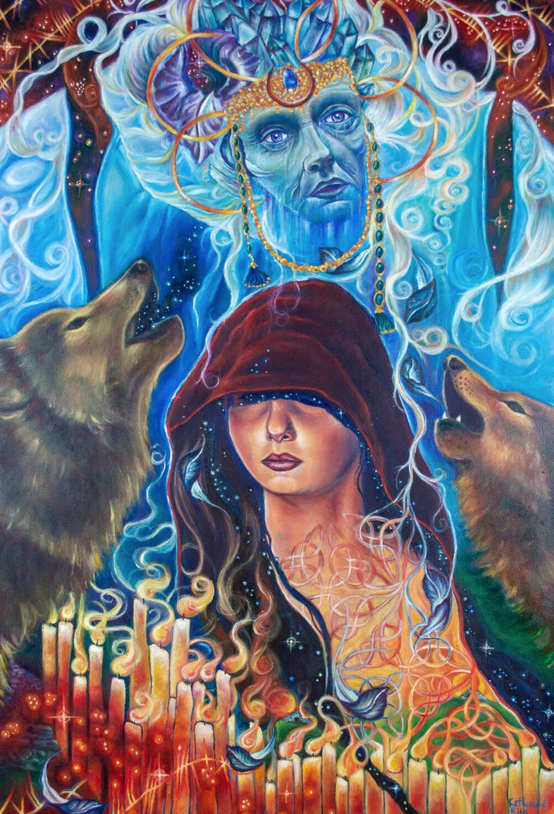 A wildly etheral painting of a hooded woman eyes covered, surrounded by wolves, candes, an acestor or mythic being and blue and white tendrils of energy moving. There are stars inside her hood.