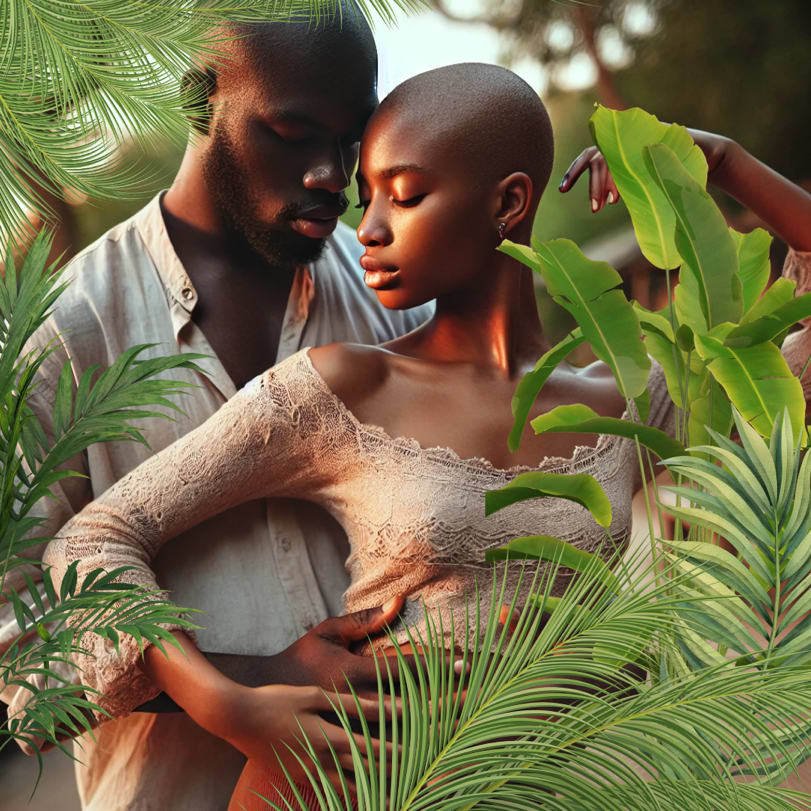 A Black man and a woman, dancing sensually outdoors. 