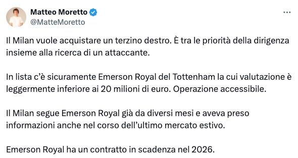 A tweet by Matteo Moretto about AC Milan's interest in Emerson Royal