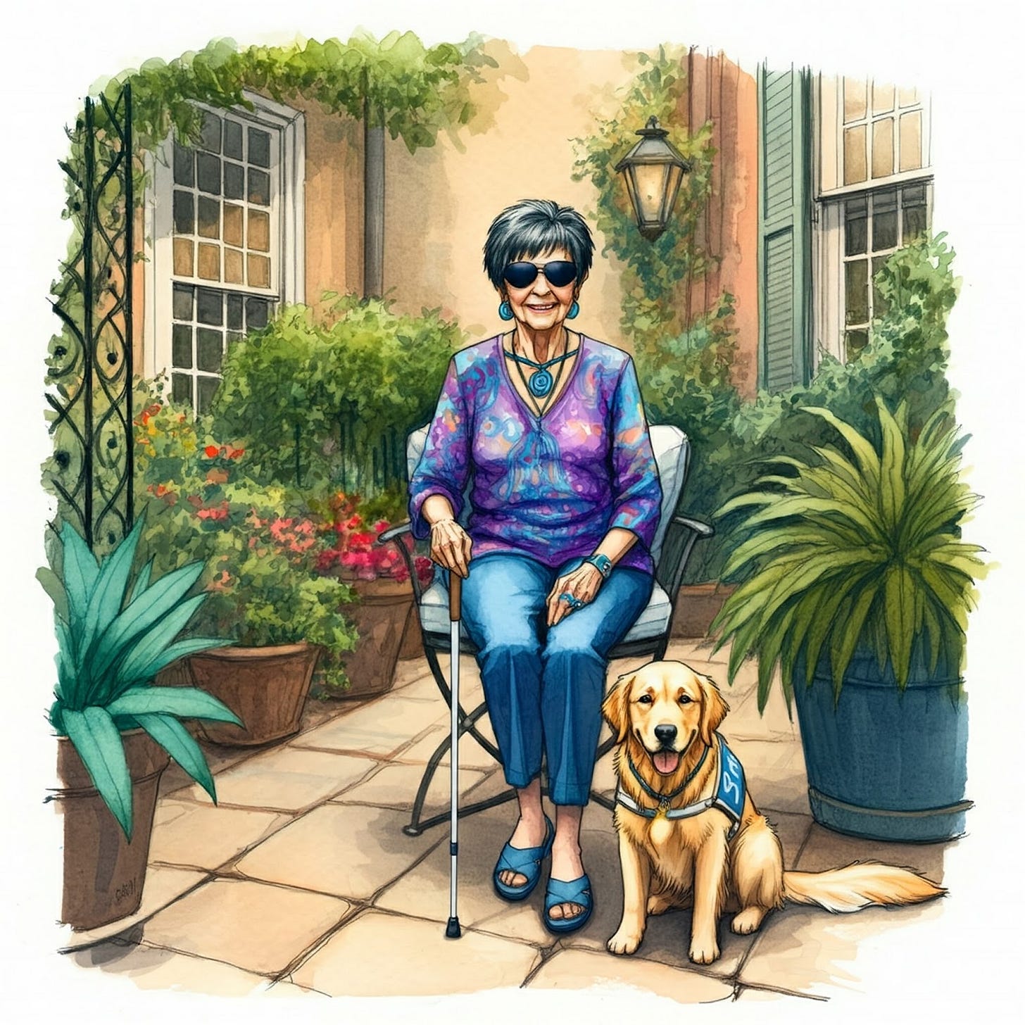 Image of Francoise and her guide dog in her courtyard garden Image of Francoise and her guide dog in her courtyard garden