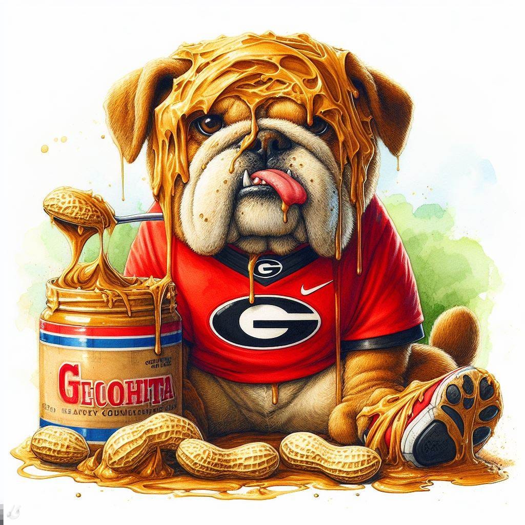 The Georgia Bulldogs mascot covered in peanut butter, watercolor