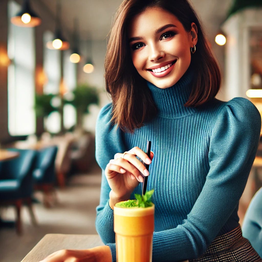 A 29-year-old woman wearing a stylish blue outfit, sitting at a cozy café, happily drinking a fruit smoothie. She has a warm smile, a relaxed posture, and a modern, trendy look. The background features soft lighting and a welcoming café atmosphere.