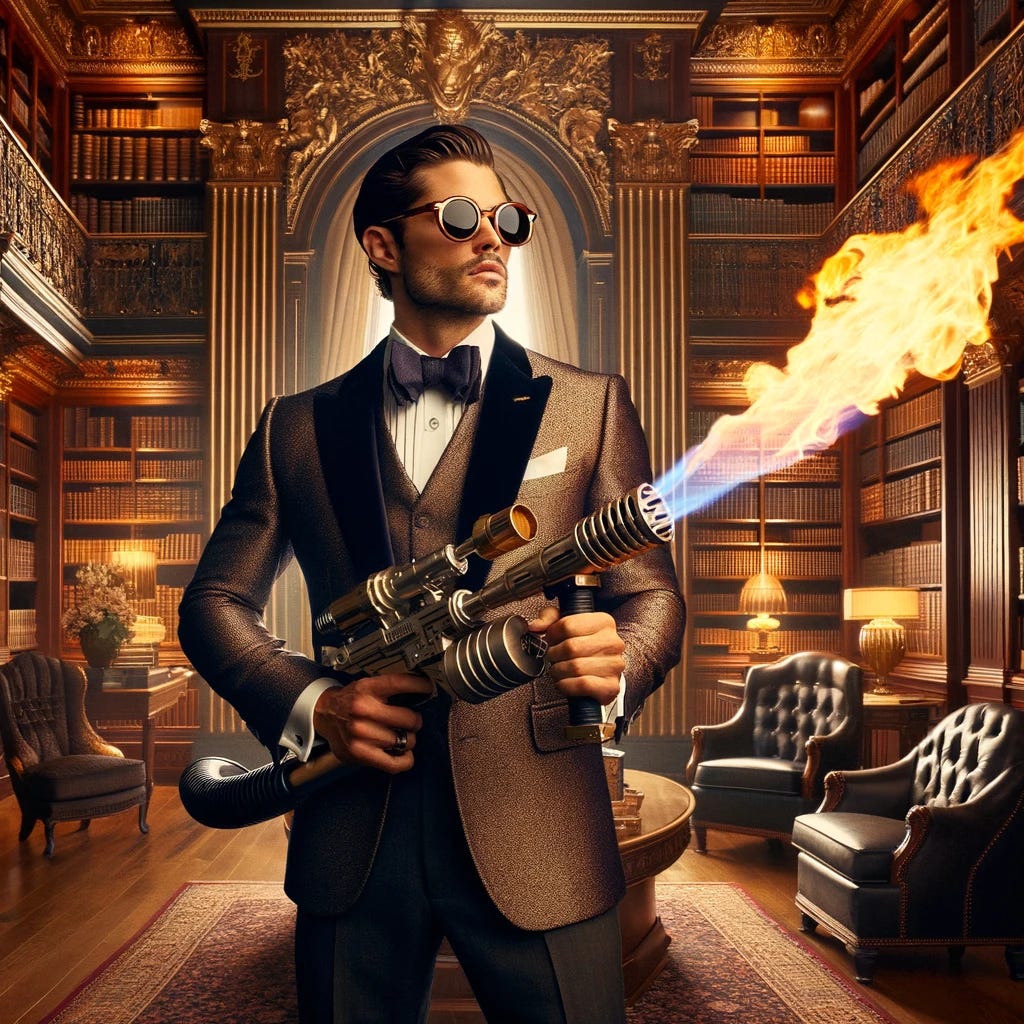 Reimagining the initial scene, an alpha male in a Gilded Age library not only embodies confidence and sophistication but now holds a modern twist: a flamethrower in his hands. He stands confidently amidst the opulence of the era, wearing stylish sunglasses and elegant attire that contrasts sharply with the contemporary, unexpected element of the flamethrower. The library around him remains a testament to luxury, with tall, ornate bookshelves, rich wood paneling, and intricate gold leaf designs. The addition of the flamethrower introduces a dynamic, edgy vibe to the classical setting, creating a striking juxtaposition.