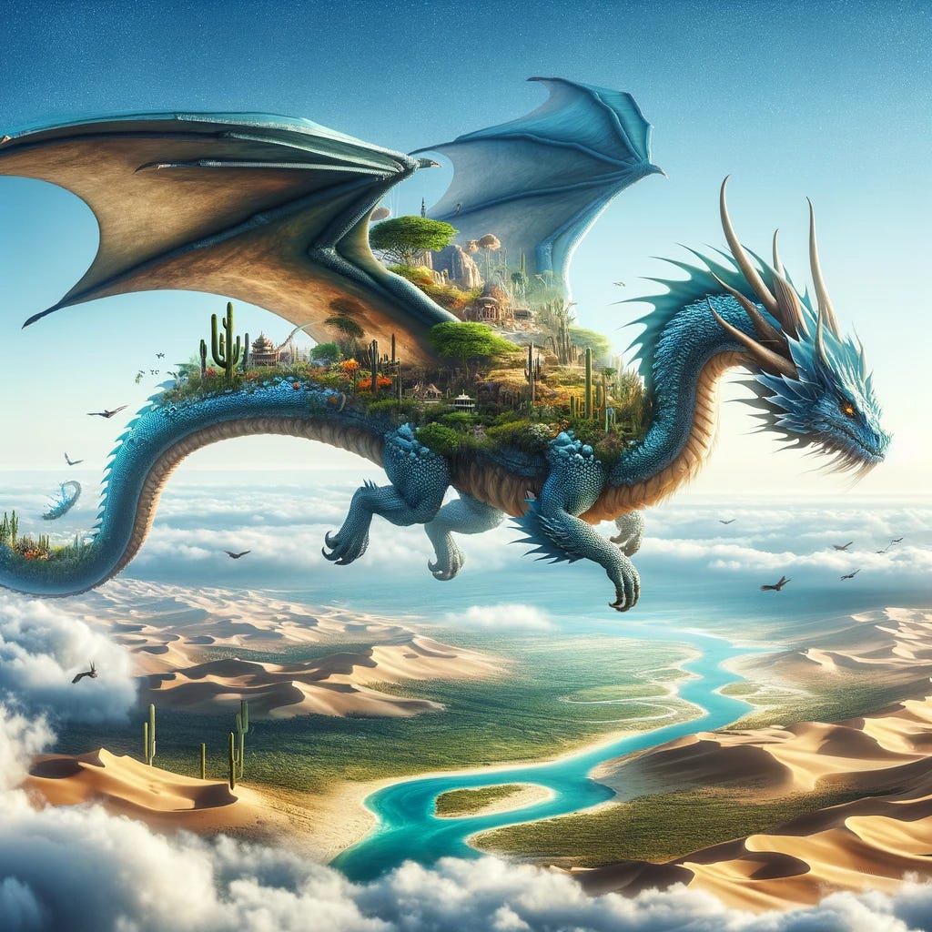 "An epic scene showing a gigantic water dragon flying through the sky, carrying an entire ecosystem on its back. The dragon, with majestic wings and shimmering blue scales, soars above the clouds. Its back hosts a vast desert ecosystem, complete with sand dunes, cacti, and desert wildlife. The desert seamlessly blends with lush oases and small rivers, illustrating the diversity of life thriving on the dragon's back. The scene combines the elements of air and earth in a fantastical and awe-inspiring display."
