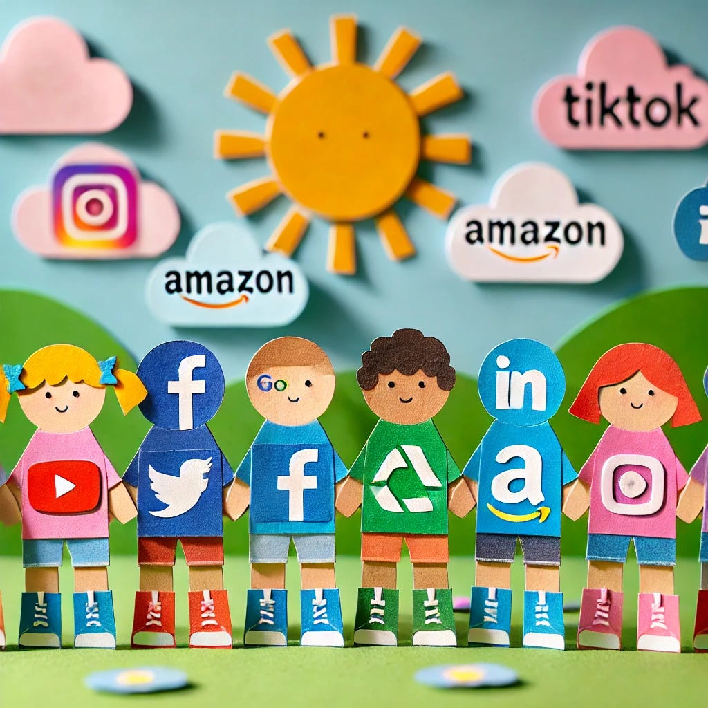 A playful children's cardboard cut-out style image of colorful, flat figures standing in a row, connected like paper dolls. The figures represent major social media and cloud companies, with playful logos or designs on their shirts, including Facebook (Meta), Google (YouTube), Twitter (X), Amazon, Microsoft (Azure), TikTok, Instagram, and LinkedIn. The background is a simple, cheerful children's scene, with a bright sun, a grassy field, and a blue sky. The focus is on the whimsical paper-like figures, with no logos or text in the background.