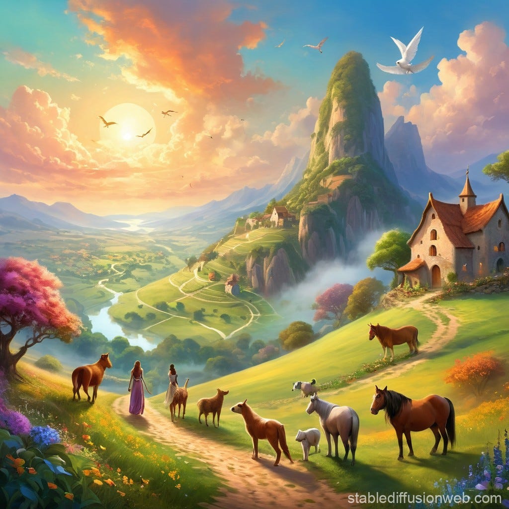 pleasant scene with people and animals living in freedom in a fertile  Prompts | Stable Diffusion Online