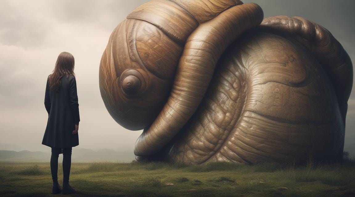 a woman looking at a giant snail