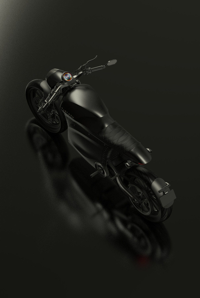 An overhead view of the black Tarform Luna electric motorcycle. 