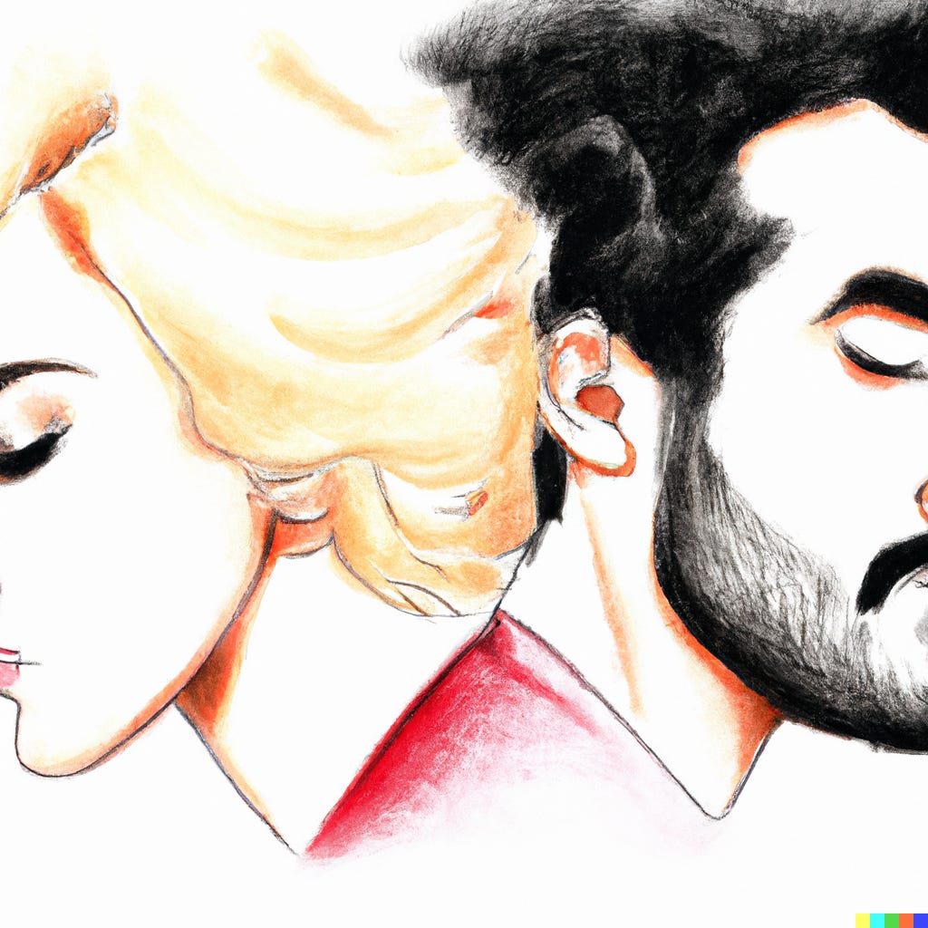 a man and beautiful woman breaking up face back to back in a pencil and watercolor drawing