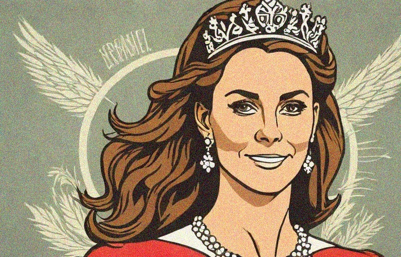 Cartoon-style AI image of Catherine, Princess of Wales smiling and wearing jewels and a tiara
