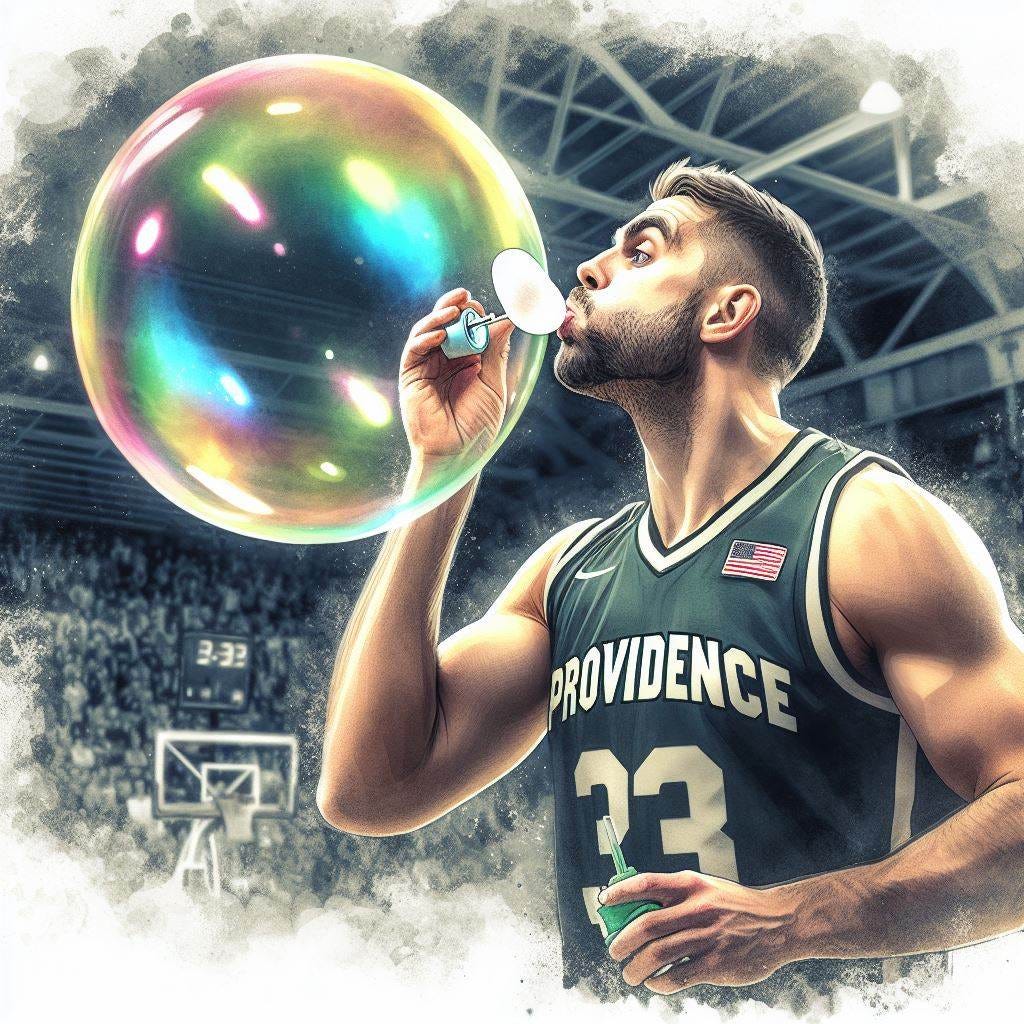 A Providence basketball player blowing a large bubble, watercolor