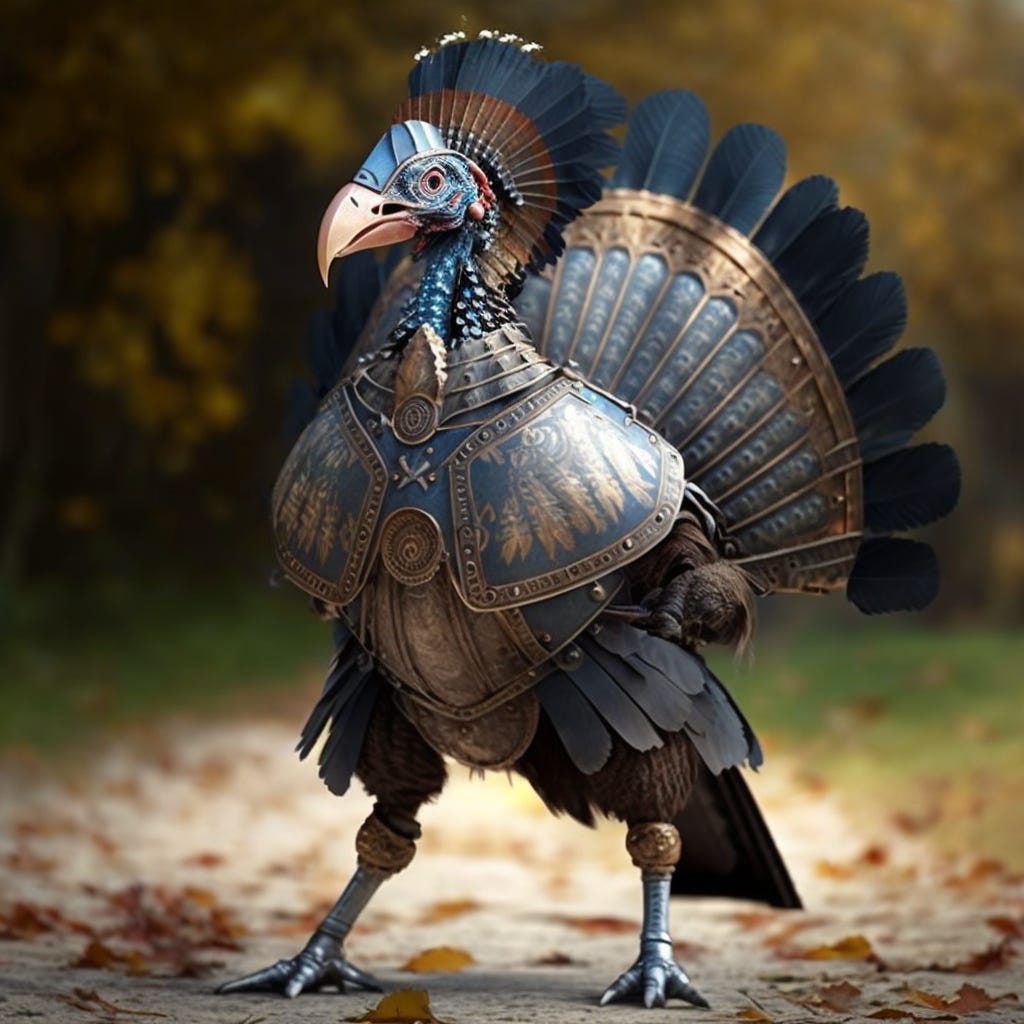 Personal protective equipment (PPE) for turkeys: steel-clawed boots and armored tail feathers.